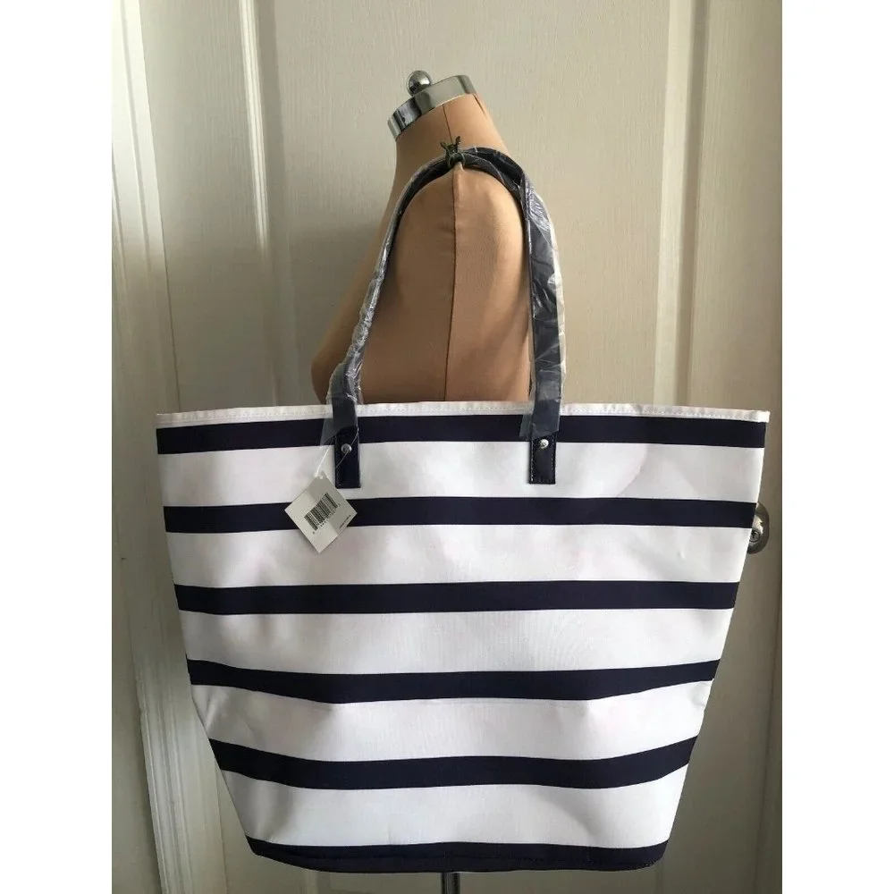 WHITE BLUE STRIPED TOTE BEACH GYM LAPT. HANDBAG W/ZIP POUCH ATTACHED NEW